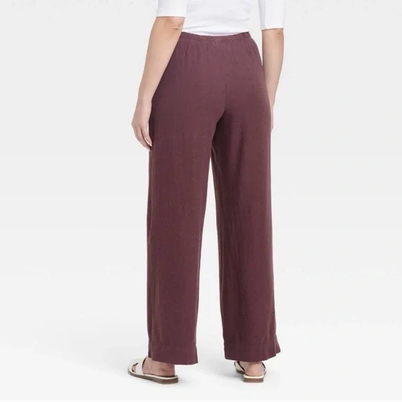 Women's Mid-Rise Wide Leg Linen Pull-On Pants - A New Day™ Brown M: Seam Pocket - Picture 12 of 14